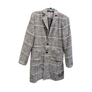 Uaneo Men's Black & White Houndstooth Short Trench Coat 20% Wool Size M